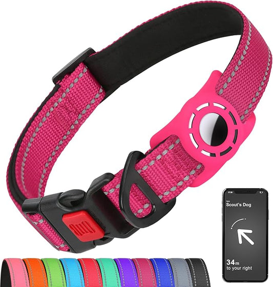 Airtag Dog Collar with AirTag Holder for Puppy Small Dogs, Reflective, Soft Padded & Safety Locking Buckle, Nylon Pet Collars Adjustable for All Breeds, Hotpink,XS