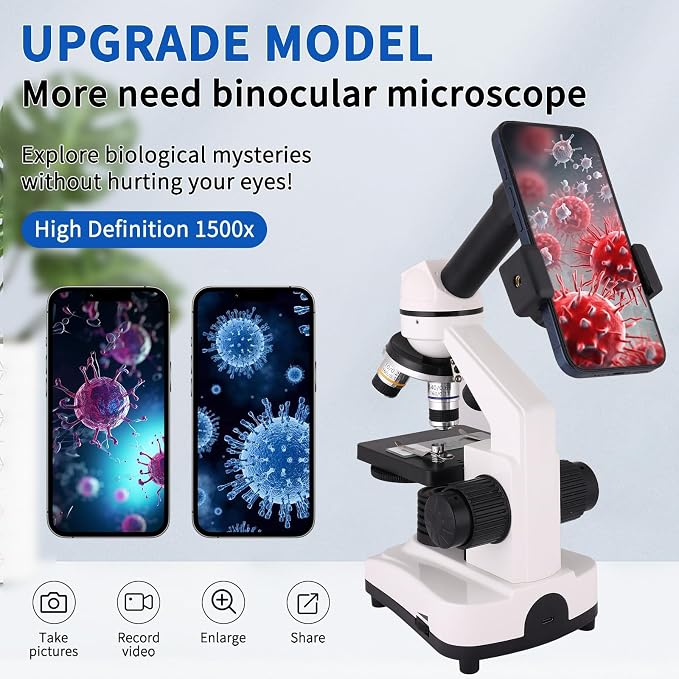 Herwicm Microscope,40X-2000X Microscope with Phone Adapter & Slides Set,Suitable for Students School Lab and Home Education (Monocular Microscope)