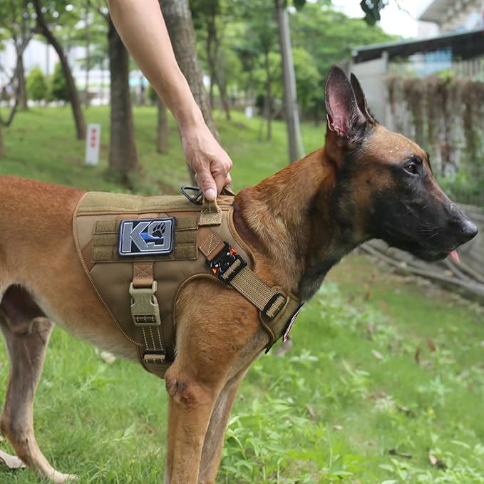 ICEFANG Tactical Dog Harness, Large Size,2X Metal Buckle,Working Dog MOLLE Vest with Handle,No Pulling Front Leash Clip,Hook and Loop Panel (Brown,L (Pack of 1))