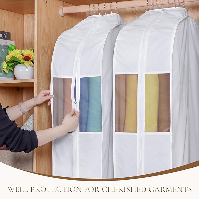 Univivi Premium Cotton Garment Bags for Hanging Clothes and Storage, 50 Inch Washable Suit Cover Bag with Extra Large 10" Gusset & Clear Window - Perfect for Suits, Coats, Jackets - 2 Pack