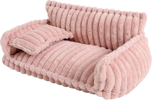 Fluffy Pet Couch Bed with Removable Washable Cover, Soft Rabbit Plush Dog Cat Bed for Small Medium Pets, L Size Pink Couch with Non-Slip Bottom and Pillow (Pink)
