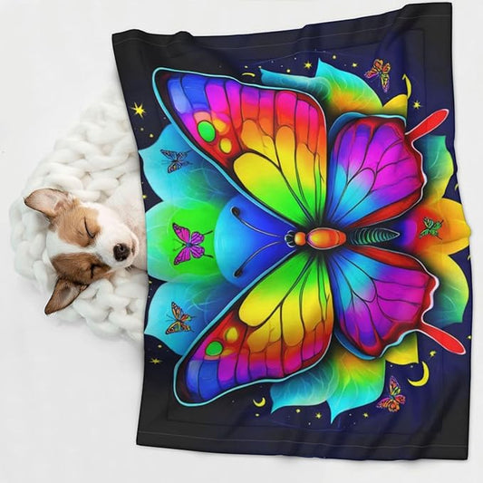Two Sided Plush Pet Blanket for Warmth Comfort, Butterflies Mandala Rainbow Art Black and White, Reversible Throw with Cozy Nubby Side for Chilly Nights Napping Spots Around House
