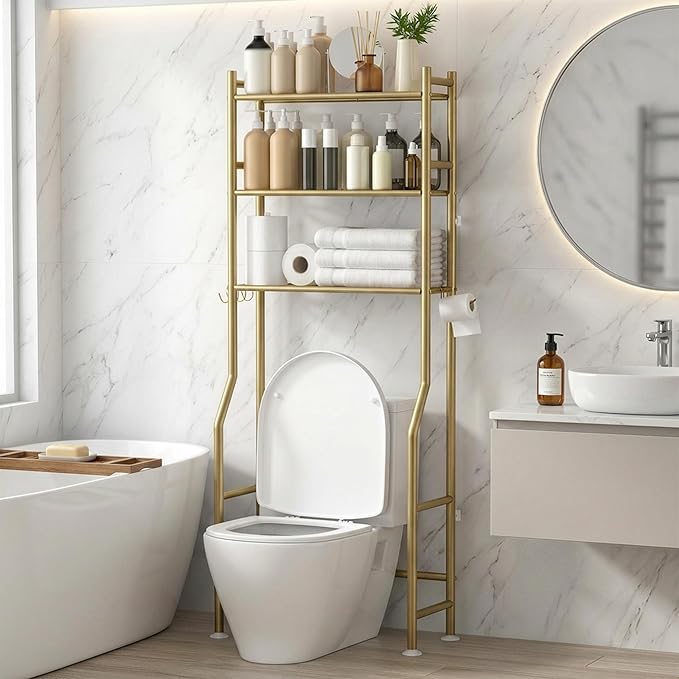 GloTika 3-Tier Over Toilet Storage with Anti-Tilt Safety System - 150lb Total Capacity Metal Bathroom Shelves Including Paper Holder & 4 Hooks, Space Saving Above Commode Organizer (64" H, Gold)