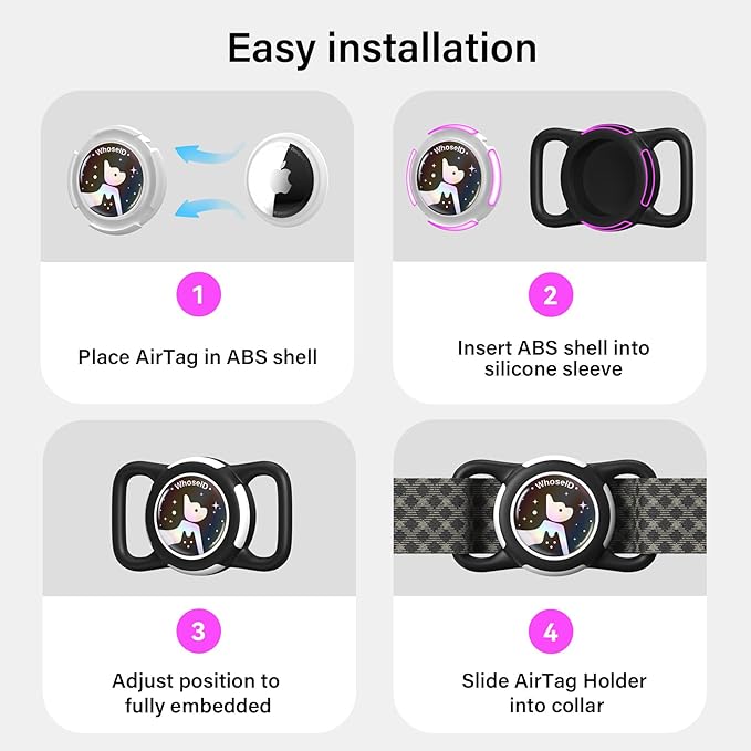 Waterproof Airtag Dog Collar Holder, Silicone & ABS Airtag Holder for Dog & Cat Collars, Ultra-Durable, Lightweight and Protective Airtag Case (Black&Rose-1, Regular)