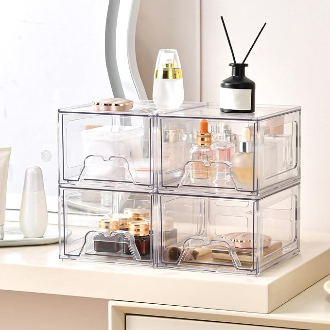 6 Pack Stackable Makeup Organizer, 4.4'' Tall Acrylic Bathroom Makeup Organizer and Storage Drawer with Pull-out Handle, Clear Plastic Storage Bins for Vanity,Pantry,Desk,Undersink,Kitchen