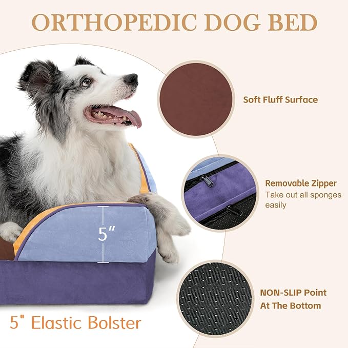 Comfort Expression Orthopedic Dog Bed for Extra Large Dogs 45x35 Inch, Waterproof Egg Crate Foam XL Pet Bed with Removable Bolsters, Dog Couch with Washable Cover & Non-Slip Bottom, Honey Lavender
