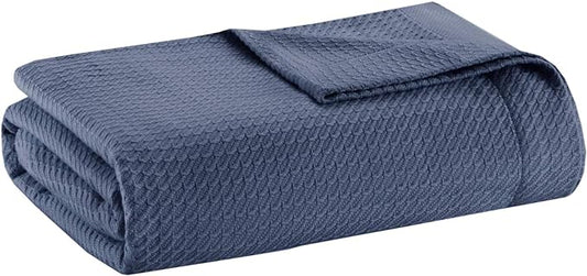 Madison Park Soft Certified 100% Egyptian Cotton Breathable Cozy Blanket, Premium Waffle Knit Classic Design, Luxury All Season Lightweight Cover for Bed, Couch and Sofa, Blue Full/Queen(90"x90")