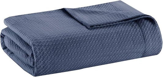 Madison Park Soft Certified 100% Egyptian Cotton Breathable Cozy Blanket, Premium Waffle Knit Classic Design, Luxury All Season Lightweight Cover for Bed, Couch and Sofa, Blue King(108"x90")