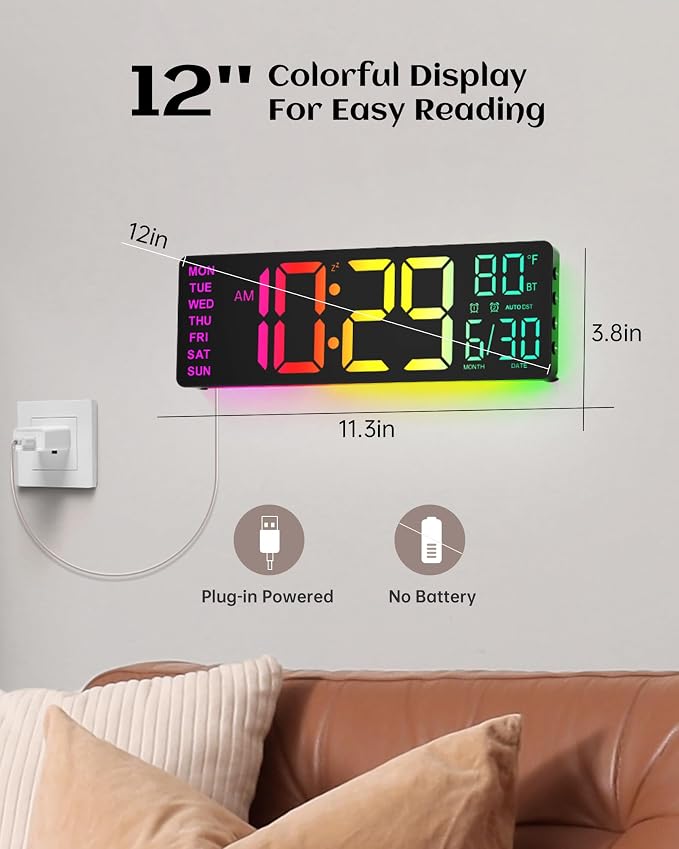 EASYERA 12" Digital Wall Clock for Classroom Livingroom Game Home Decor