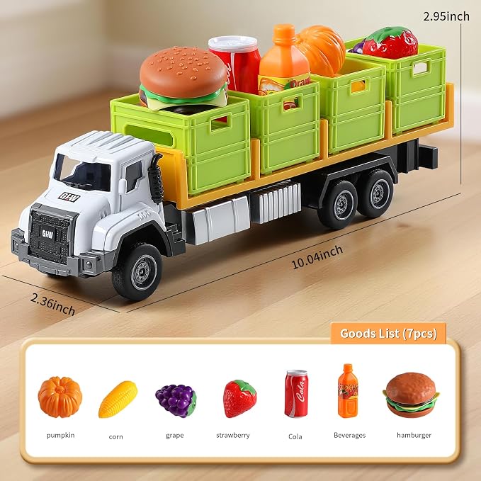 Food Transport Truck Toy for Age 3-8 Kids – Alloy Vehicles Head 1:55 Goods Trailer with Cargo Box and Food Model, Lights & Sounds (Transport Truck Orange)