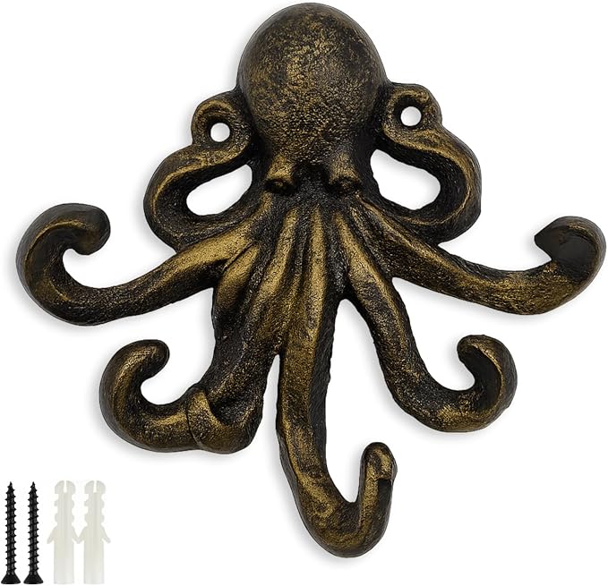 Octopus Cast Iron Wall Hook – Nautical Decorative Key Holder, Coastal Ocean