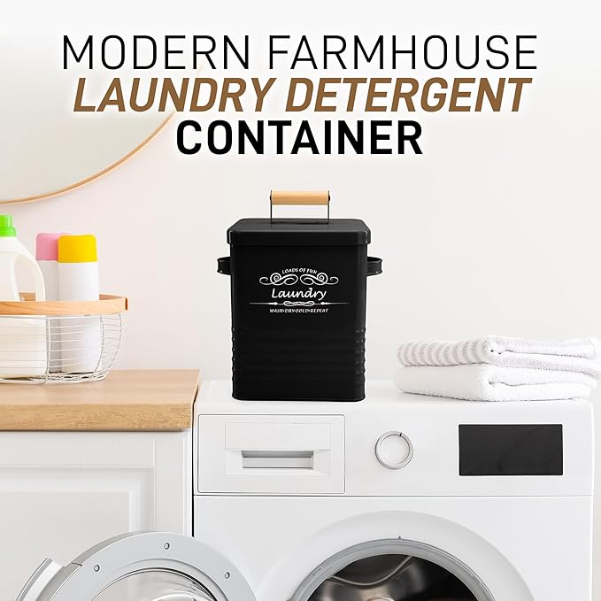 ELITAPRO Laundry Detergent Storage Container with Scoop & Lid - Modern Farmhouse Metal Powder Dispenser for Laundry Room Decor & Accessories - Organization & Storage (Black)