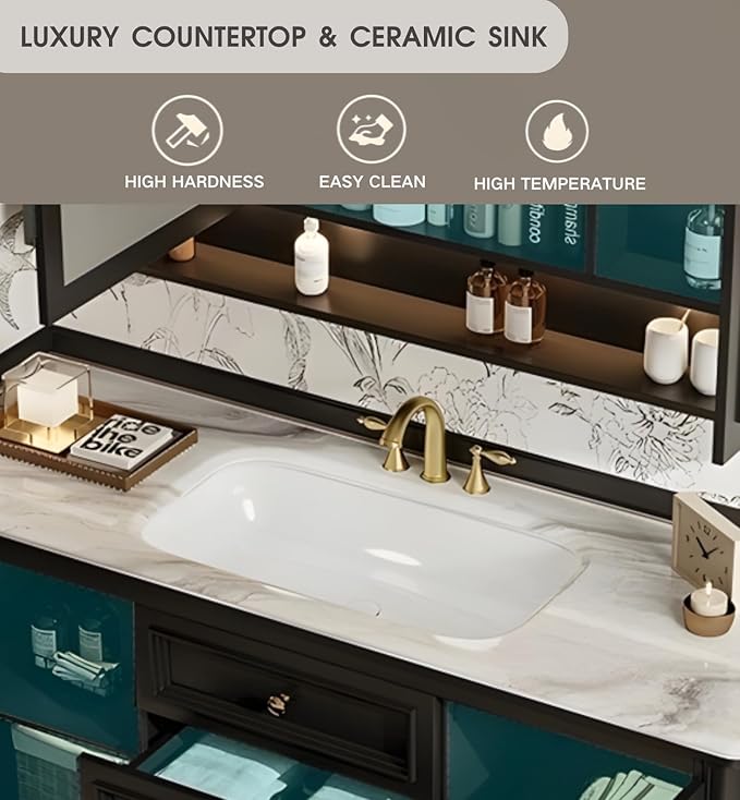 Freestanding Bathroom Vanity with Sink, Solid Wood Bathroom Vanity Set, Vintage Bathroom Vanities with Large Capacity Storage Cabinet and Open Shelf, Elegant Vanities (White,72")