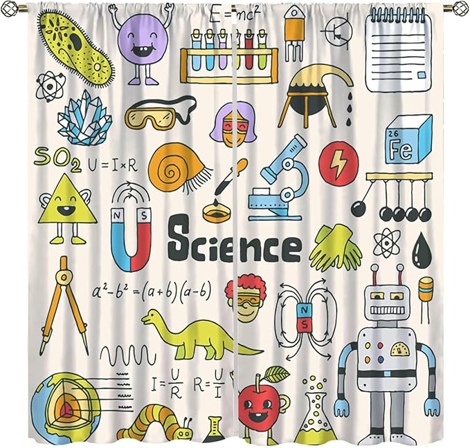 Cartoon Science Bedroom Curtains, Chemistry Science Pharmacy Research Blackout Rod Pocket Window Drapes for Childs Girls Boys Bedroom Living Room Home Set 2 Panels,63x63 Inches