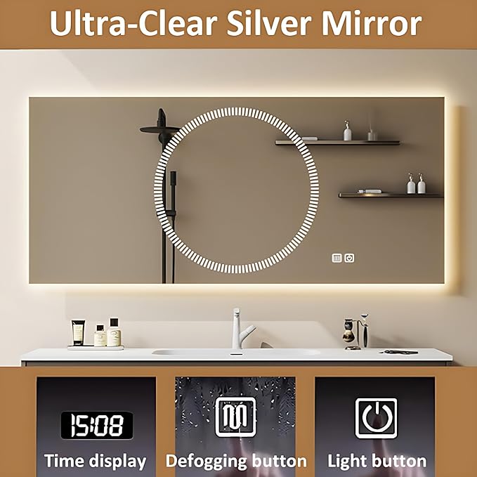 Solid Wood Bathroom Vanity Set - Wall Mounted Bathroom Cabinet with Light, Mirror with Light & Defog, Exquisite Accessories (Mirror Cabinet Style, 60'')