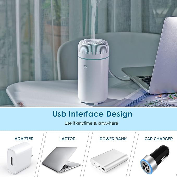 Car Diffuser Humidifier USB Aromatherapy Essential Oil Air Freshener USB Cool Mist Mini Portable Diffuser for Car Home Office Bedroom (White)