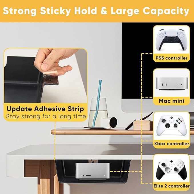 4 Pack Under Desk Hanging Shelf Drawer Organizer, Attachable Plastic Hidden Storage Tray, Easy Adhesive Mount Holder for Standing Tables, Office, Counters, Cabinets, Workstations - Black