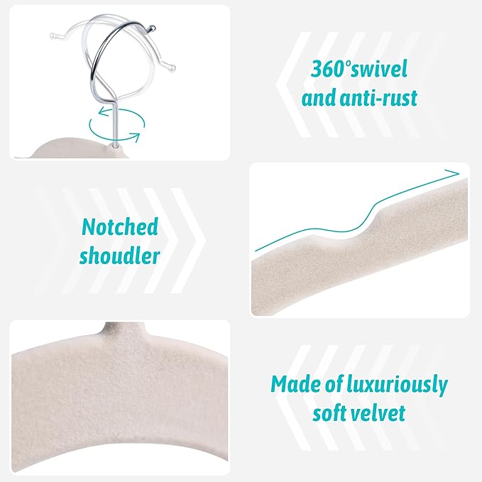Premium Velvet Shirt Hangers 50 Pack, Non-Slip 360° Swivel Hook Slim Flocked Coat Hanger, Space Saving Felt Hanger for for Tank Top, Blouses, Strappy Dresses(Beige)