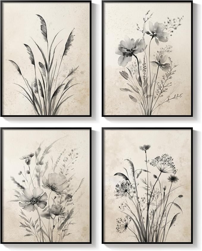 Framed Vintage Botanical Wall Art, 4 Piece Neutral Rustic Boho Floral Canvas
