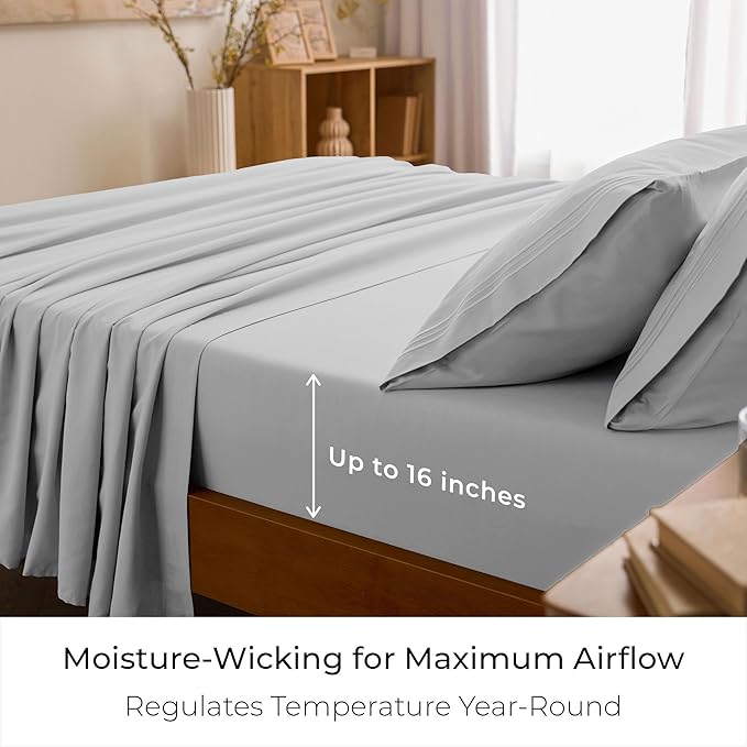 Mellanni California King Sheets Set - 4 PC Iconic Collection Bedding - Hotel Luxury, Extra Soft, Cooling Bed Sheets - Wrinkle, Fade, Stain Resistant (Cal King, Light Gray)