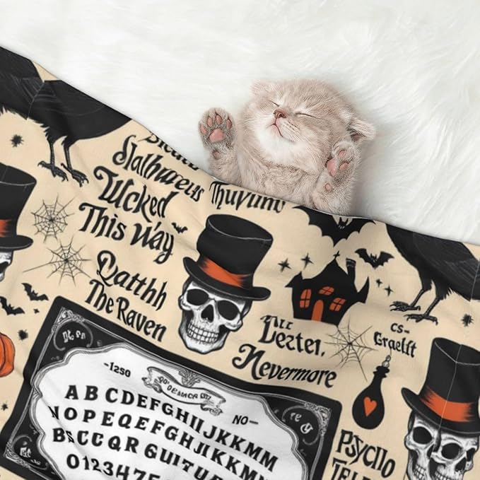 Double Sided Plush Pet Blanket with Cozy Dot Texture, Halloween Witchcraft Witch Pumpkin Spider Web Bat Raven Magic Board Spirit Skull Skeleton Vintage Black, Reversible for Dogs Cats on Couches Beds