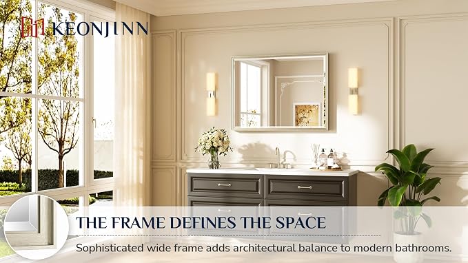 Keonjinn 40" x 30" Brushed Nickel Bathroom Vanity Mirror, Beveled Tempered Glass