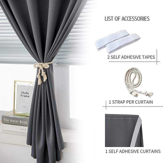 Magic Tape Stick On Curtains Window Shades Pull Down Blackout Window Cover Blackout Curtains for Bedroom No Drillng Self Adhesive Curtains No Rod, 35" W X 59" L, Grey, 1 Panel