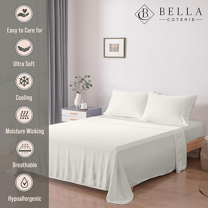 Bella Coterie Luxury Bamboo Viscose 34” Split Top King Size Sheet Set | 1 Fitted Sheet for Sleep Number & Adjustable Beds | 100% Organically Grown | Cooling & Soft | 18” Deep Pocket [Ivory]