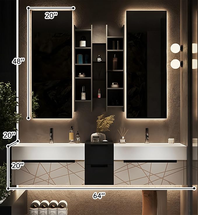 Double Bathroom Vanity with Sink, Floating Modern Bathroom Vanity Set Includes LED Smart Defogging Mirror and Open Storage Wall Cabinet, Solid Wood Bathroom Cabinet with Large Drawer (Apricot, 64")