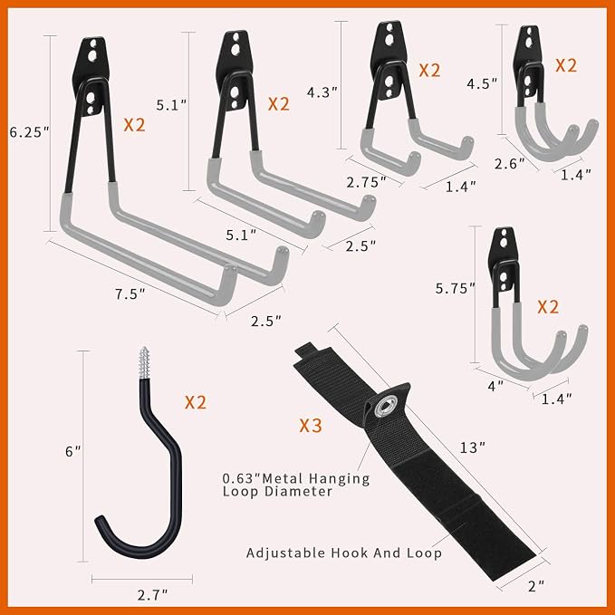 SMARTOLOGY Garage Hooks with Bike Hook & Extension Cord Organizer, 15 Pack Set