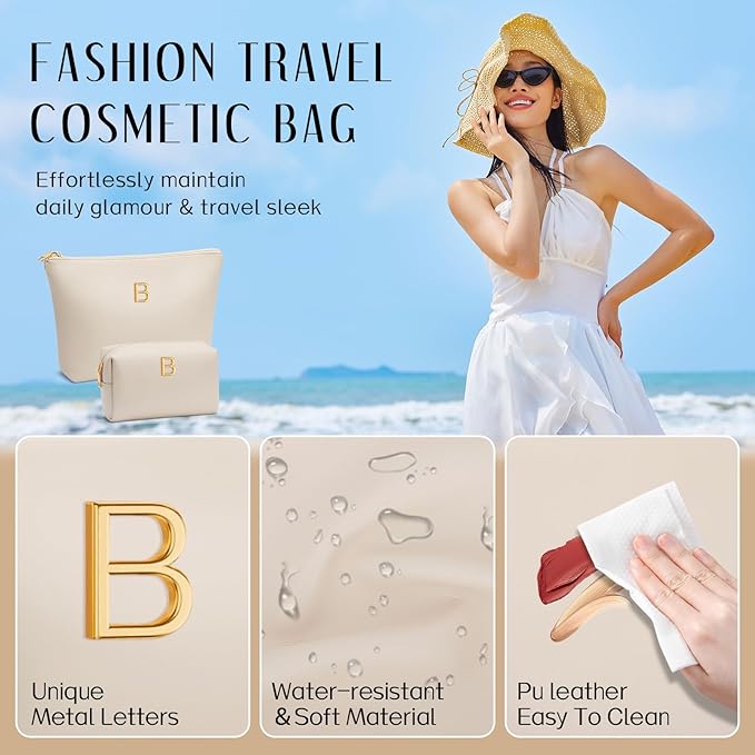 Valentine's Day Gifts for Women Girlfriend Initial Makeup Bag for Teen Girls Personalized Gifts for Friend Teacher Mom Wife Cosmetic Travel Toiletry Bag(Beige,B)
