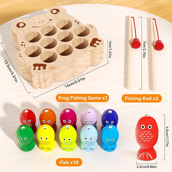 Wooden Magnetic Fishing Game for Toddlers 1-3, Frog Fishing Color Sorting Montessori Sensory Preschool Educational Learning Fine Motor Skills Toys for 3 4 5 Years Old Boys Girls