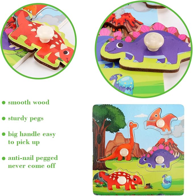 Wooden Peg Puzzles for Toddlers 1-3, Kids Educational Preschool Peg Puzzle Toy Ages 2-4, Set of 4 Dinosaur Toddler Puzzles, Ideal Gift for Ages 1 2 3 4 Boys and Girls