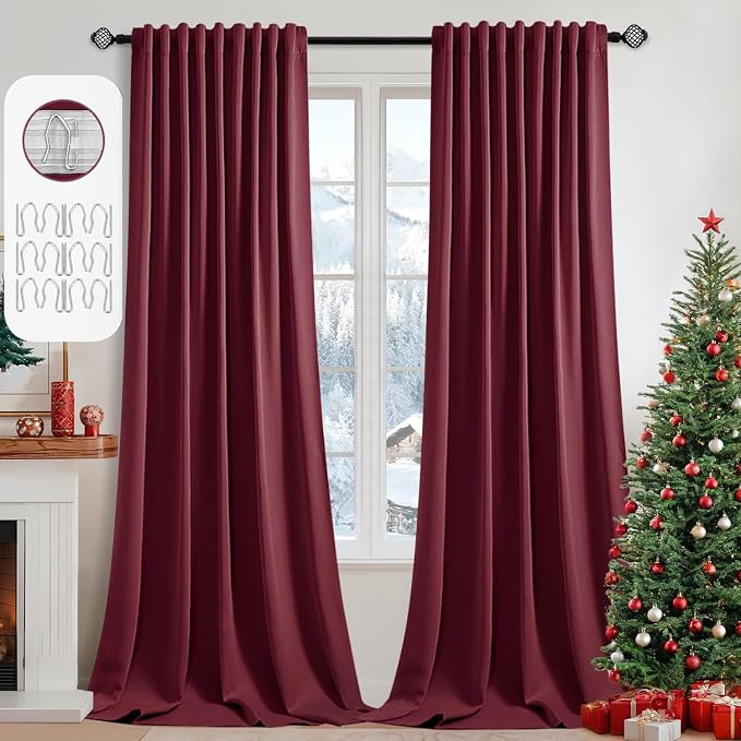MIULEE Christmas Wine Red Back Tab Blackout Curtains 102 Inch Long 2 Panels Set