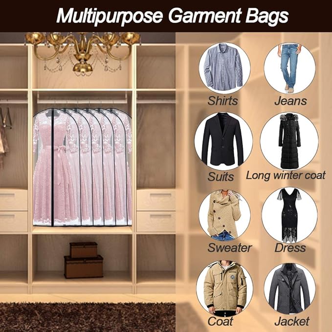 Garment Bags for Hanging Clothes (24''X48'' Set of 12) Suit Bags for Closet Storage Plastic Waterproof Suit Cover Bags with Zipper for Suit, Sweaters, Coat Protector Travel Closet Clothing