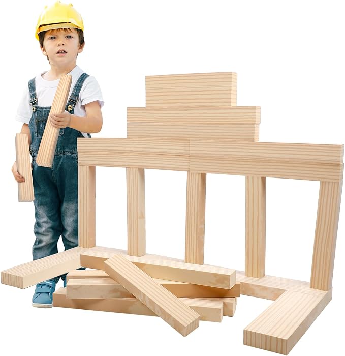 Leyndo 24 Pcs Foam Wooden Beam Soft Foam Brick Building Blocks Unit Fake Brick Building Blocks Giant Stacking Sets for Kids Toddler Construction(Multi Sizes,Wooden Color)