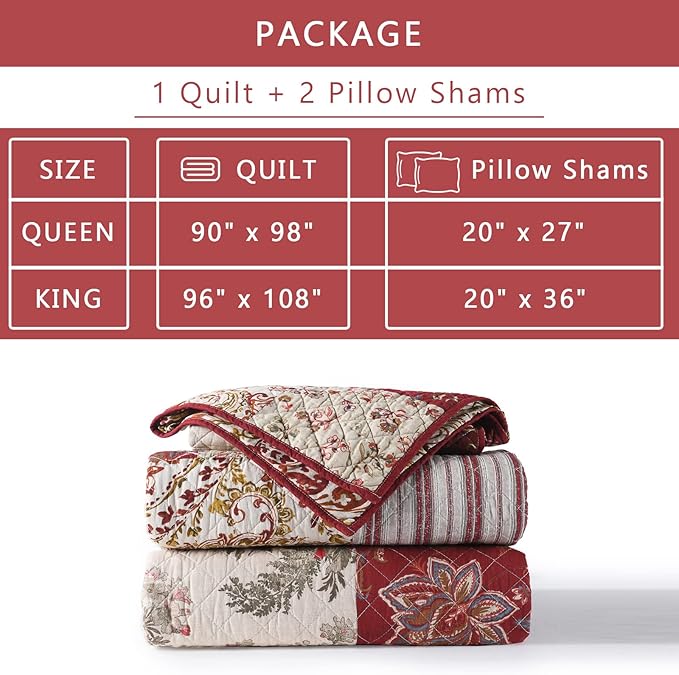 Yvooxny Quilt Set Queen Bedspread Country Farmhouse Cottage Vintage Ditsy Floral Paisley Style Reversible Lightweight Coverlet Set Real Patchwork Quilt for All Seasons, Antique Rose, Queen Size