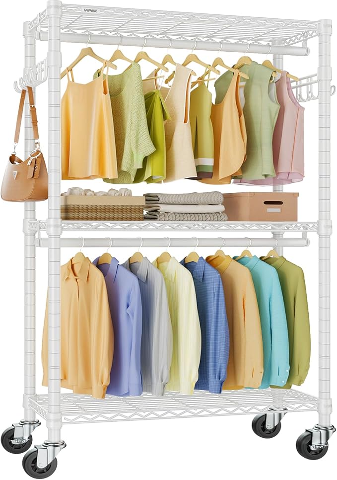 VIPEK R2 Heavy Duty Rolling Garment Rack 3 Tiers Adjustable Clothes Racks with Double Rods & Hooks, Freestanding Wardrobe Closet Storage Rack Metal Clothing Racks for Hanging Clothes, White