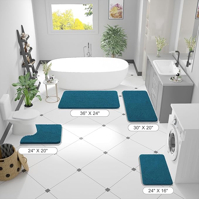 OLANLY Bathroom Rugs 47x24, Extra Soft Absorbent Chenille Bath Rugs, Rubber Backing Quick Dry, Machine Washable Bath Mats for Bathroom Floor, Tub and Shower, Home Decor Accessories, Peacock Blue