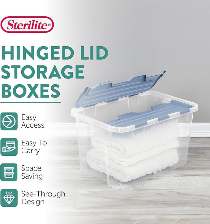 Sterilite 18 Pack Hinged Lid Storage Box, 60 Qt Plastic Container, Washed Blue - Home Organizer Tote for Storing Shoes, Crafts, Clothing, or Decor