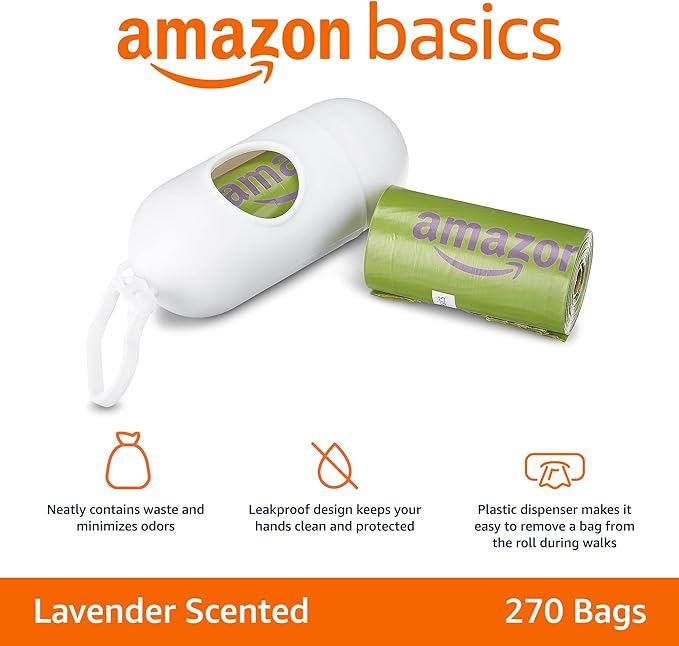 Amazon Basics Premium Leak Proof Dog Poop Bags with Dispenser and Leash Clip, Lavender Scented, 13" x 9", 270 Count (18 Rolls of 15)