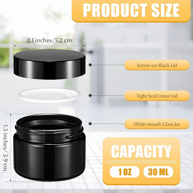 Domensi 100 Pcs 1 oz Glass Jars with Lids Bulk Round Glass Cosmetic Jars for DIY Lip Balm Small Travel Containers with Inner Liner for Lotions Powders Ointments Sample Cream(Black,Black)