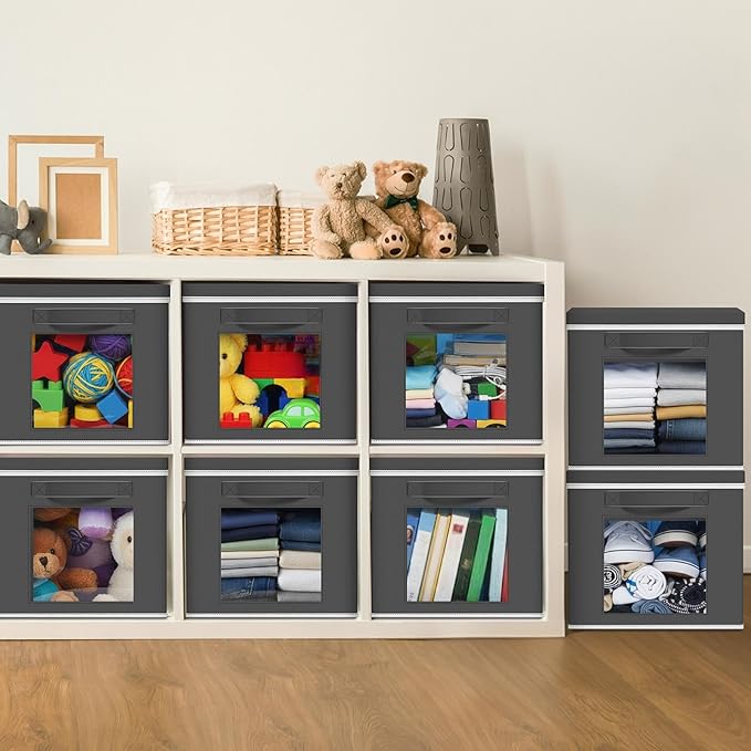 10 Pcs Fabric Storage Cube with Lid 11x11 Inch Fabric Storage Bins with Window Handle Collapsible Cube Organizer Basket for Shelves Closet Bedroom Office Clothes Book Stuffs (Dark Gray)