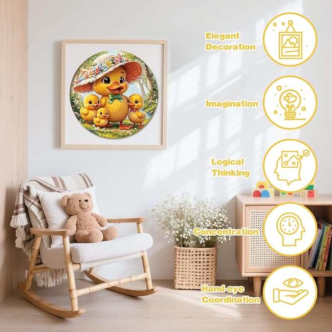 Animal Wooden Puzzles for Kids - Family Duck | 50 Piece Puzzles for Kids Ages 6-8, Kids Puzzles with Unique Animal Shapes, Round Gift for Girls and Boys (11.4 * 11.4 in)