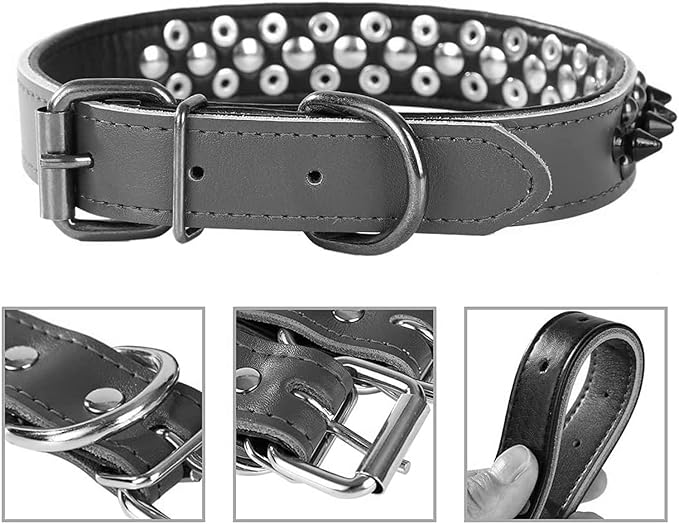 Spiked Studded Dog Collar, Genuine Leather Dog Collar, Adjustable Pet Collars for Medium Large Bulldog Pitbull Mastiff Poodle Boxer (L:37-47cm, Red)