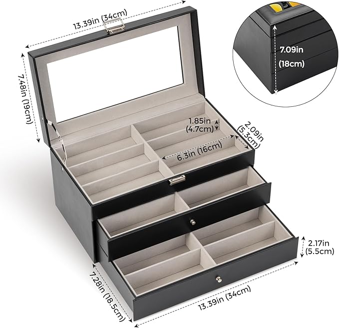 ProCase 3-layer Sunglasses Storage Organizer, 18 Slots Leather Sunglass Box Multiple Pairs Eyeglass Cases Eye Glass Eyewear Display Holder for Men Women, Father's Day Gift -Black