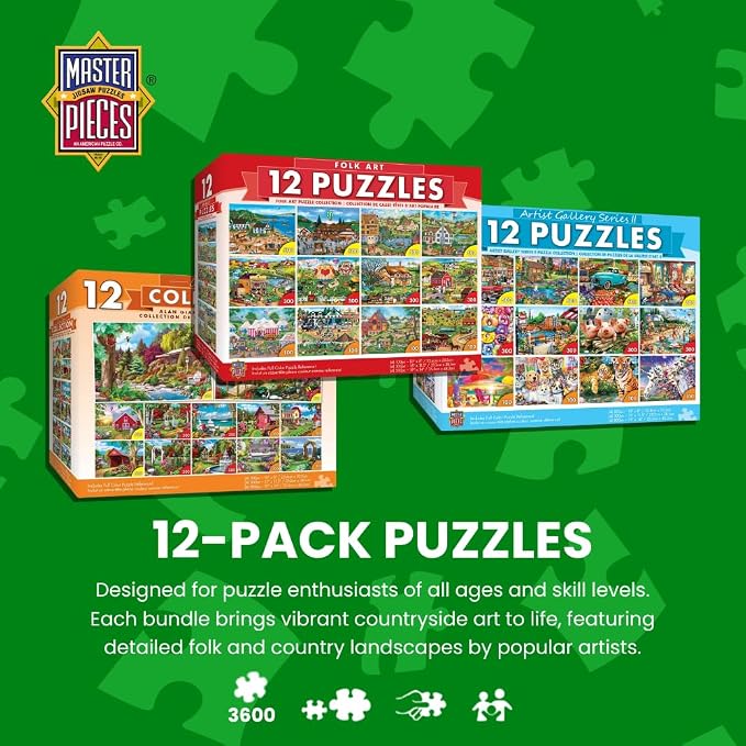 MasterPieces – Jigsaw Puzzle 12-Pack Bundle Set, Fun for Adults and Family, Folk Art Collection, (4) Round 100 Piece, (4) 300 Piece, (4) 500 Pieces