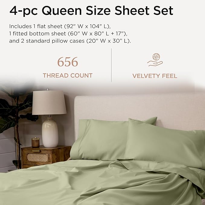 Threadmill Supima Cotton Sheets Queen | 656 Thread Count for Queen Mattress | 4 Piece Luxury Bed Sheets | Sateen Weave Hotel Quality with Elasticized Deep Pocket| Sage Green