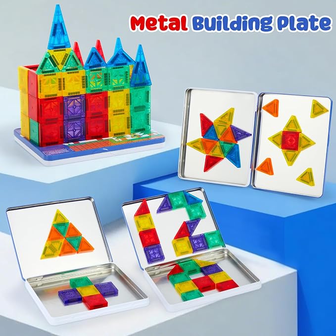 Gemmicc 58 PCS Mini Magnetic Tiles, Travel Magnet Construction Toys with Metal Storage Box, Sensory Montessori Toys for Boys Girls