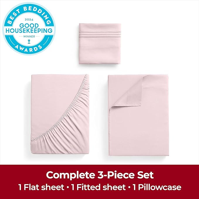 Mellanni Extra Deep Twin Sheets - 3 PC Iconic Collection Bedding - Hotel Luxury, Ultra Soft, Cooling Bed Sheets - Wrinkle, Fade, Stain Resistant (Twin, Blush Pink)